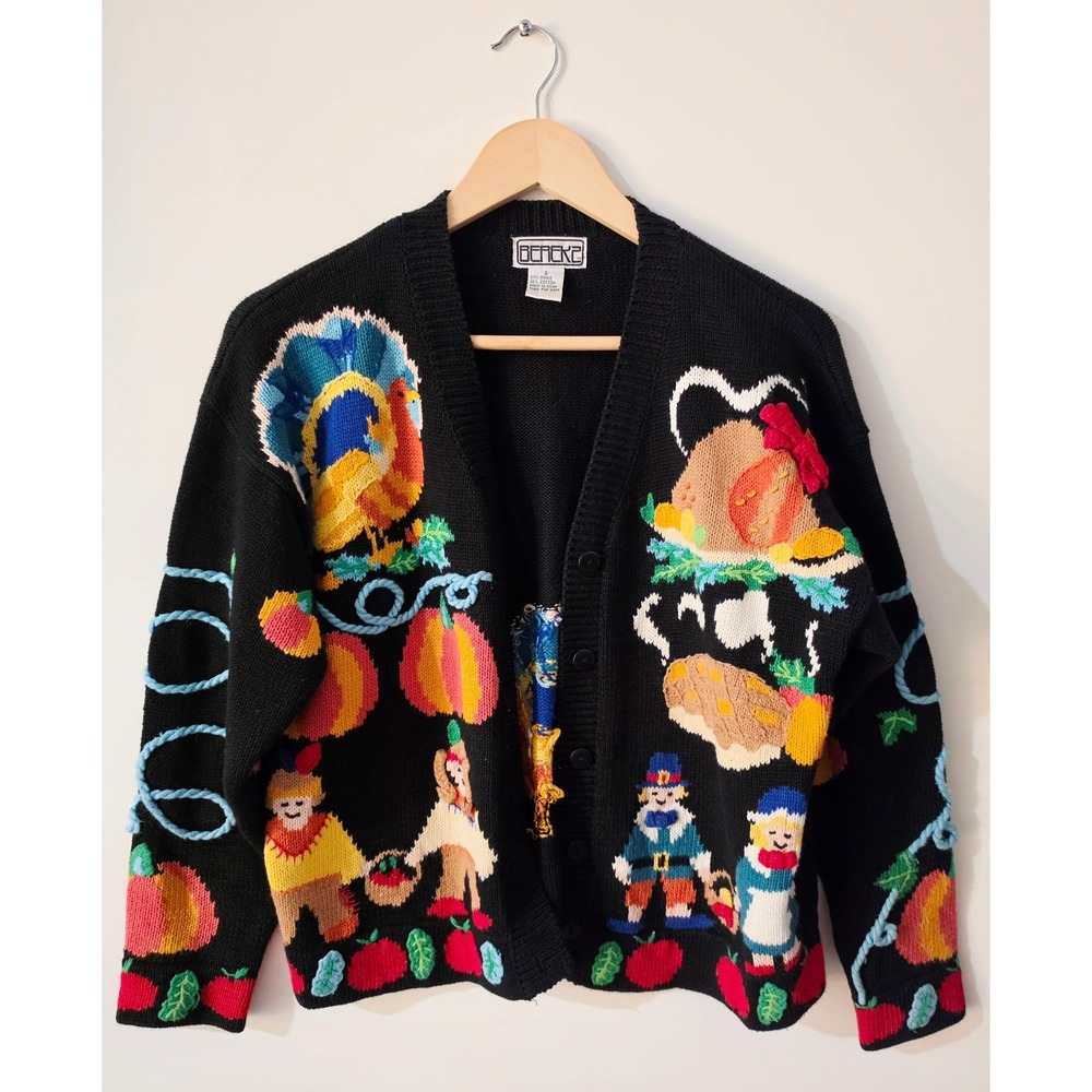 Berek Cardigan Women S Black Thanksgiving Pilgrim Turkey Vintage Knit Sweater